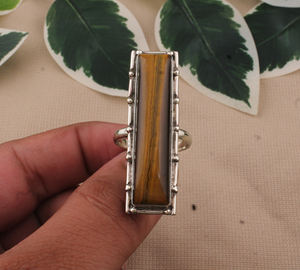 Bague de luxe en œil de tigre naturel, argent sterling 925, grande pierre, signet, classique, pour femme, mariage, artisanale, turque, haute joaillerie - Product Image 2