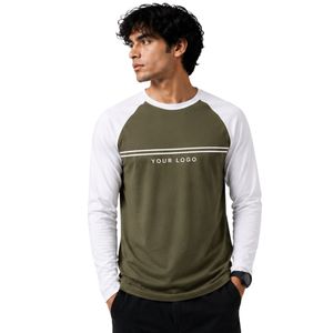 Olive Green And <b>White</b> Raglan Long Sleeve T Shirt Men Premium Cotton Crew Neck Casual Graphic Baseball Tee Custom OEM Apparel - Product Image 1