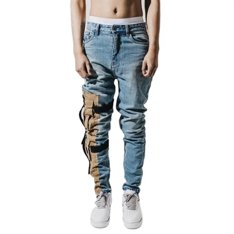Low Price Men Tapered Skinny Cargo Jeans Side Stripe Denim Jeans Man