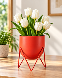 Pot de fleurs moderne en métal rouge avec support géométrique en fer, pot décoratif pour plantes d'intérieur et d'extérieur, maison, jardin, balcon - Product Image 1