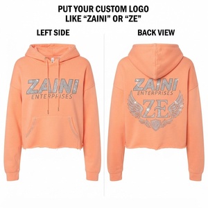 Premium Cotton Fleece 320 GSM Crop <b>Top</b> Hoodie <b>Peach</b> Pullover Custom Rhinestone Logo Kangaroo Pocket Streetwear <b>Women</b> - Product Image 1