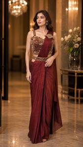 Sari en soie bordeaux élégant avec broderie dorée pour les occasions de mariage, longueur au sol, coupe classique pour femme, provenant d'Inde et du Pakistan - Product Image 1
