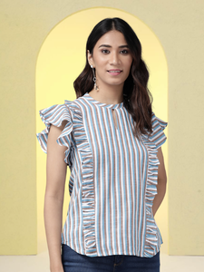 Haut pour femme en mélange de coton multicolore à rayures, coupe classique, avec manches évasées et col mandarin, conçu pour un style décontracté mondial - Product Image 4