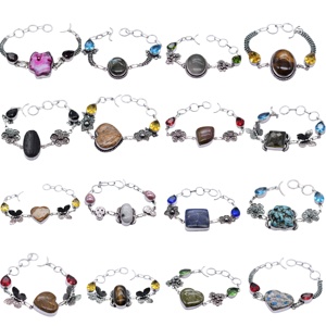 Bracelets vintage chrétiens bohèmes plaqués argent antique avec pierres précieuses, motif floral, chaîne à maillons, bijoux unisexes, cadeau - Product Image 2