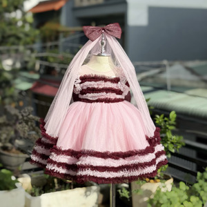 เดรสเจ้าหญิงผ้าโปร่งสีชมพูสุดหรูสำหรับเด็กผู้หญิง-ลายทางมีระบายกระโปรงเต็มชุดงานเลี้ยงวันเกิดและชุดในโอกาสทางการ - Product Image 5