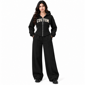 Ensemble de survêtement noir zippé pour femme avec pantalon large à taille cintrée et lettres universitaires personnalisées – Fournisseur en gros - Product Image 1