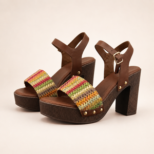 Sandales compensées multicolores tissées pour femmes, à talon bloc épais effet <span class=keywords><strong>bois</strong></span>, avec boucle de cheville, style chic bohème, chaussures d'été tendance, faible MOQ, OEM ODM - Product Image 2