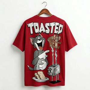 T-shirt noir pour homme à manches courtes et col rond, imprimé dessin animé Tom et Jerry, style streetwear oversize, jersey décontracté éco-responsable - Product Image 2