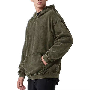 Sweat à capuche zippé épais personnalisé pour homme, coupe oversize et carrée, style streetwear vintage, effet délavé à l'acide, avec poches usées - Product Image 4