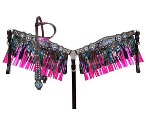 Conjunto de cuello de pecho y cabeza de una oreja occidental de cuero genuino 100% con incrustaciones de arcoíris y fabricante de proveedor metálico rosa - Product Image 3