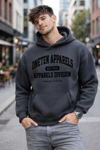 ONETEN APPARELS Sweat-shirt à capuche en molleton de coton gris foncé anti-plis grande taille pour homme – Collection Automne - Product Image 1