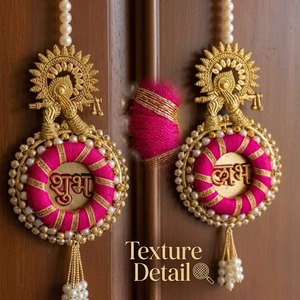 Handcrafted Traditional Lord Ganesha Medallion Shubh Labh Wall Hanging <b>Pink</b> Silk Banding Pearls for <b>Home</b> <b>Decor</b> Anniversary - Product Image 3
