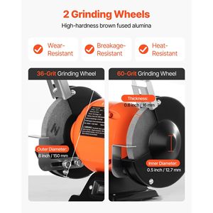 Single Speed 6-inch Bench <b>Grinder</b> with 1750RPM Low-Speed Table 250W 2A Induction Motor 36/60-Grit Grips - Product Image 3