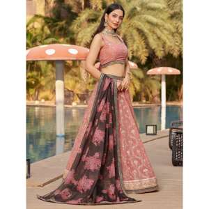 Increíble Lehenga Choli de Georgette Rosa Bordada, Semi-Confeccionada, para Bodas, de Zeel Clothing - Product Image 6