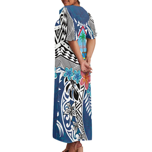 Nuevo Vestido Muumuu Casual Transpirable con Estampado Floral Azul, Diseño de Guam, Sin Tirantes, Maxi, con Volantes en las Mangas - Product Image 3