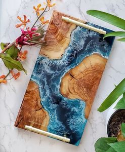 Wood Resin Serving <b>Tray</b> Custom Color & Design Eco-friendly Reusable Multifunction <b>Table</b> Top Food Storage Single Tier - Product Image 5