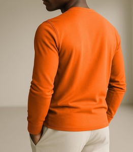 Camiseta de Punto Personalizada para Hombre 2026, Manga Larga, Cuello Redondo, Color Sólido, Corte Ajustado, Informal, 100% Algodón, Diseño Liso, Azul Marino, Blanco, Naranja, 220g - Product Image 3