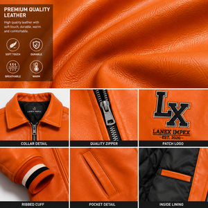 Custom Orange Leather Varsity Jacket for Men Premium Letterman Bomber Jacket with Embroidered Chenille Patches OEM ODM Supplier - Product Image 5