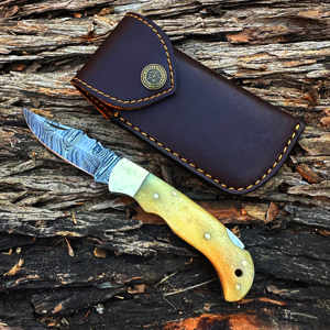 Couteau pliant OEM forgé à la main en acier Damas de 6,5 pouces, pointe droite, manche en os naturel, étui en cuir, qualité industrielle - Product Image 2