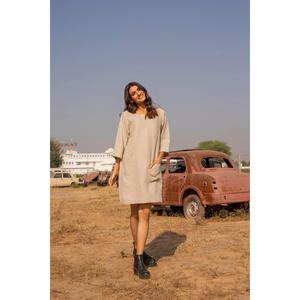 Vestido Corto de Lino y Algodón Estilo Bohemio para Mujer, Color Beige, Cuello Redondo, Corte Holgado, Informal, Verano - Product Image 4