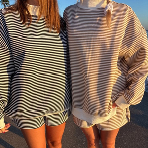 Custom Logo Printed Letter Winter Women's Striped Mock Neck Knitted Oversized Long Sleeve Pullover Sweatshirt - Product Image 4