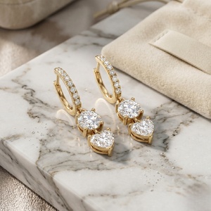 1.40 CTW Round and Heart Diamond Two-<b>Stone</b> Huggie Drop Earrings - Product Image 3