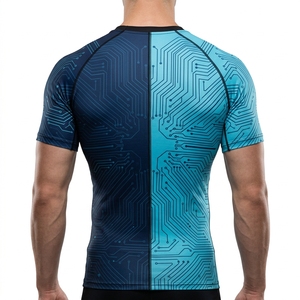 Men Long Sleeve Compression Shirt Navy <b>Blue</b> Cyber Circuit Print Gym Fitness Running Sportswear Performance <b>Base</b> <b>Layer</b> - Product Image 4