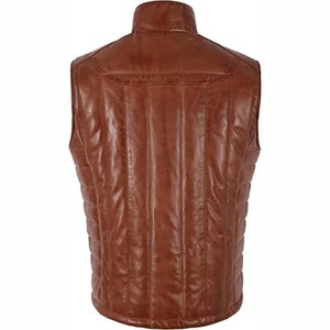 Men Brown <b>Quilted</b> Puffer Genuine Leather Vest <b>Winter</b> Waistcoat - Product Image 3