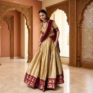 Lehenga Choli de Seda Dorada de Moda con Borde Marrón, Traje Tradicional Indio para Bodas, para Mujer, Largo hasta el Suelo, Corte Holgado - Product Image 1