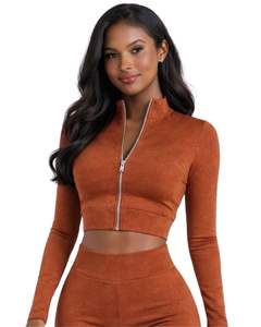 Conjunto de yoga de dos piezas para mujer, color marrón óxido, top corto con cremallera y pantalones acampanados de cintura alta, ropa elástica para gimnasio, fabricante personalizado OEM - Product Image 2