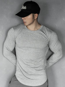 T-shirt de sport à manches longues pour homme, en coton élastique, couleur unie, idéal pour la course à pied, le fitness et les exercices, nouvelle collection printemps-automne. - Product Image 1