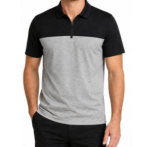 Polo Personalizado con Cierre de Cremallera para Hombre, de Alta Calidad, en Bloques de Color Negro y Gris, Manga Corta, Transpirable, para Golf - Product Image 1