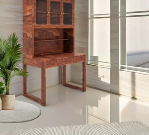 Tall Wooden <b>Computer</b> <b>Desk</b> with Bookshelf |Solid Wood Home Office <b>Desk</b> with Glass Door Hutch | Jodhpur Export - Product Image 5
