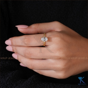 Elegant Oval Cut Mossanite Engagement <b>Ring</b> with In Solid Yellow Gold Hidden Halo and Sparkling Bridge Accents for Women's - Product Image 4