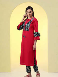 Conjunto de Pantalón y Kurta Recto de Algodón Sólido Estilo Chaqueta para Mujer, Colores Rosa y Negro, Étnico, Tradicional, Formal, Festivo, Venta al por Mayor - Product Image 3