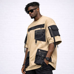 T-shirt long homme tendance, style streetwear, avec poches cargo tactiques surdimensionnées, sérigraphié, respirant et à séchage rapide – Grande Vente - Product Image 4