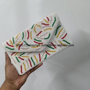 Handmade Lightweight <b>White</b> Beaded <b>Clutch</b> <b>Bag</b> with Detachable Chain Yellow for Face Pattern Rectangular Evening Wedding Purse - Product Image 6