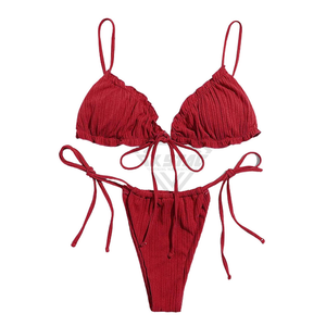 Women's Red Ribbed <b>Bikini</b> <b>Set</b> <b>Triangle</b> Top Tie Side Bottom Swimwear Stretch Beachwear Solid Color Knitted Two Piece <b>Set</b> - Product Image 2
