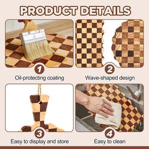 Lot de 2 planches à découper en bois à motif damier festonné avec poignée, bord ondulé en bois de bout, planche de service pour pain, vente en gros - Product Image 4