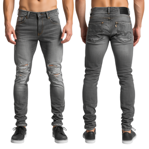 Luxury Men's Grey Stone Washed Denim Pants Featuring Heavyweight Cotton Fabric with Distressed Modern Casual Fashion Styling - Product Image 3