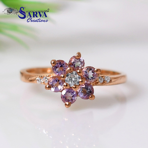 Bague florale en argent sterling 925 plaqué or rose avec zircon et améthyste de luxe, bijou de fiançailles en cristal violet, cadeau pour femme - Product Image 1