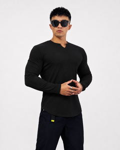 T-shirt en tricot à col en V pour homme, style automne-hiver, gris, manches longues, coupe ajustée, couleur unie, respirant, coton, logo personnalisé ODM - Product Image 5