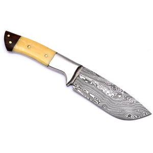 Couteau de chasse artisanal en acier Damas, lame à pointe tombante avec manche en ivoire et étui en cuir, lame fixe de 4 pouces, usage extérieur - Product Image 2