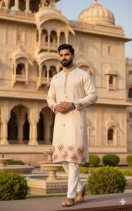 Ensemble Kurta en soie brodée crème pour homme avec motif floral, coupe classique, longueur cheville, tenue traditionnelle indienne pakistanaise pour mariage - Product Image 4