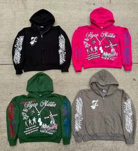 เสื้อฮู้ดซิปสีดำแบบสั่งทำพิเศษสำหรับผู้ชาย ทรงโอเวอร์ไซส์ ปักลายเพชร งานย้อมสีแบบแอซิดวอช ผ้าฟลีซหนานุ่ม สไตล์สตรีทแวร์ - Product Image 3