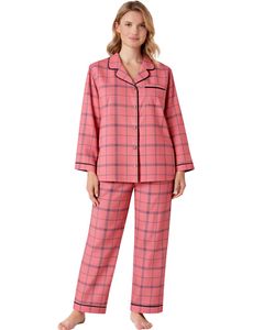 Ensemble de pyjama pour femmes en coton doux à carreaux rose corail personnalisé, manches longues, boutonné, vêtements de nuit, ensemble de vêtements de détente en deux pièces - Product Image 1