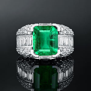 Luxury Women's <b>Cocktail</b> <b>Ring</b> With Emerald Cut Moissanite Pave Diamond Band 18K Solid <b>Gold</b> Prong Setting Geometric Design - Product Image 4