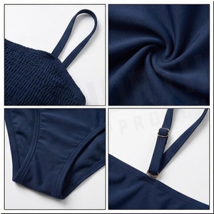 Women's Navy Blue One Piece <b>Swimdress</b> With Ruffles And Ribbed Bodice Spandex Polyester Stretch Beachwear - Product Image 5