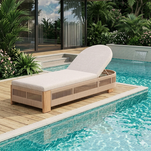 Chaise longue en teck avec coussin, lit de repos contemporain pour extérieur et bord de piscine, avec dossier solide et pieds coniques - Product Image 1