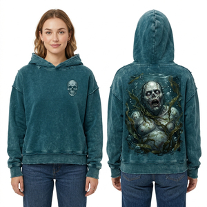 Sudadera con capucha verde salvia personalizada para mujer, con estampado de hueso de columna vertebral en la parte delantera y gráfico de zombie radioactivo en la parte trasera, estilo oversize y desgastado. - Product Image 3